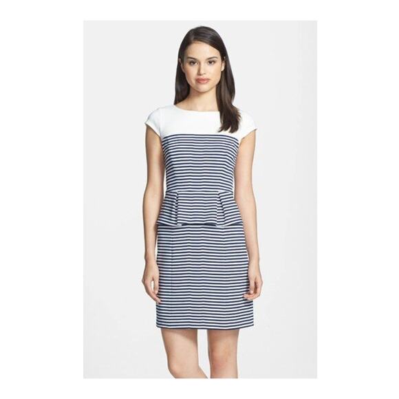Ivy & Blu Striped Ponte Knit Peplum Dress, Navy Blue White, Size 100 - Picture 1 of 13